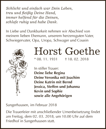 Traueranzeige von Horst Goethe von Super Sonntag SGH Mansf. Land