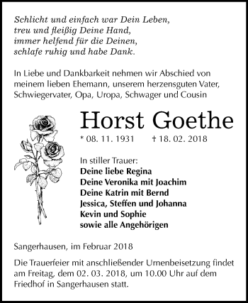 Traueranzeige von Horst Goethe von Mitteldeutsche Zeitung