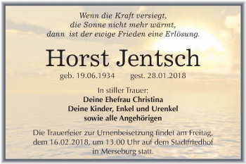 Traueranzeige von Horst Jentsch von WVG - Wochenspiegel Merseburg