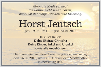 Traueranzeige von Horst Jentsch von Mitteldeutsche Zeitung Merseburg/Querfurt