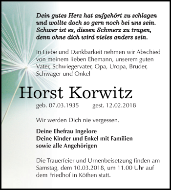 Traueranzeige von Horst Korwitz von WVG - Wochenspiegel Dessau / Köthen