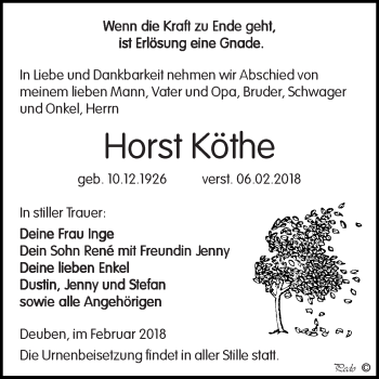 Traueranzeige von Horst Köthe von WVG - Wochenspiegel NMB / WSF / ZTZ
