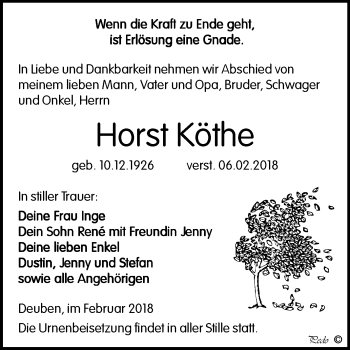 Traueranzeige von Horst Köthe von Mitteldeutsche Zeitung Weißenfels