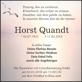 Traueranzeige von Horst Quandt von WVG - Wochenspiegel Bitterfeld