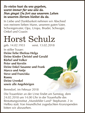 Traueranzeige von Horst Schulz von Wochenspiegel Mansfelder Land