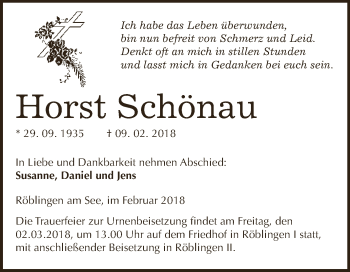 Traueranzeige von Horst Schönau von Super Sonntag SGH Mansf. Land