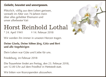 Traueranzeige von Horst Reinhold Lothal von Wochenspiegel Mansfelder Land