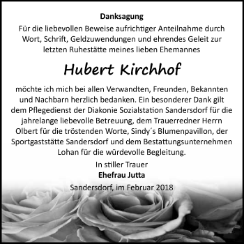Traueranzeige von Hubert Kirchhof von WVG - Wochenspiegel Bitterfeld