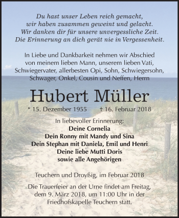 Traueranzeige von Hubert Müller von Mitteldeutsche Zeitung Weißenfels
