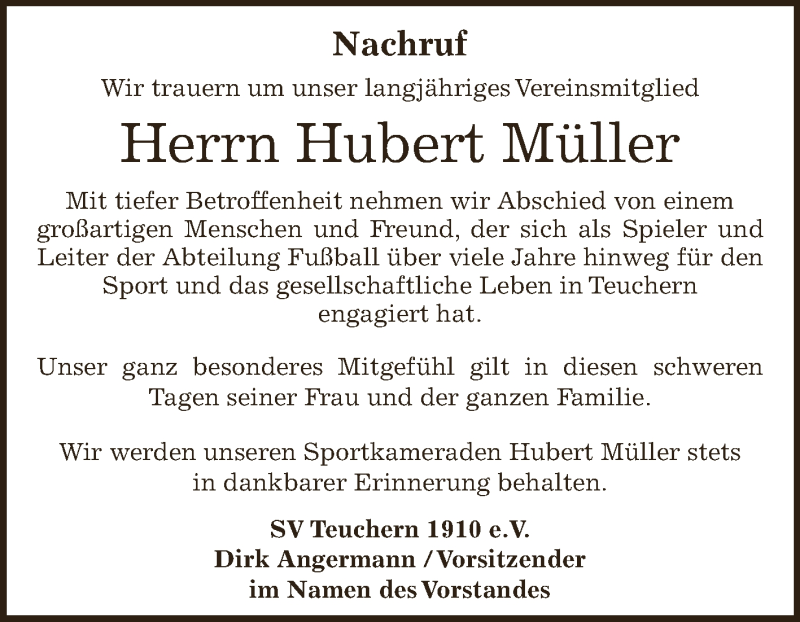  Traueranzeige für Hubert Müller vom 28.02.2018 aus WVG - Wochenspiegel NMB / WSF / ZTZ
