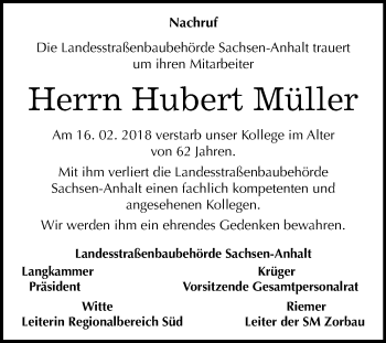 Traueranzeige von Hubert Müller von Mitteldeutsche Zeitung Weißenfels
