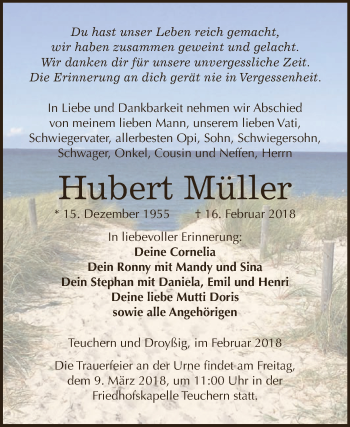 Traueranzeige von Hubert Müller von WVG - Wochenspiegel NMB / WSF / ZTZ