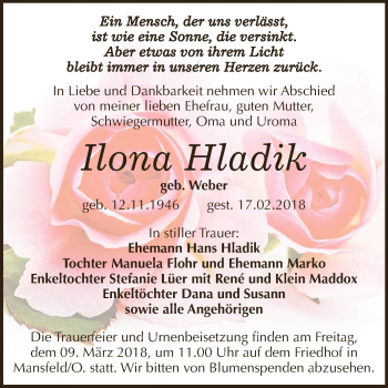 Traueranzeige von Ilona Hladik von Super Sonntag SGH Mansf. Land