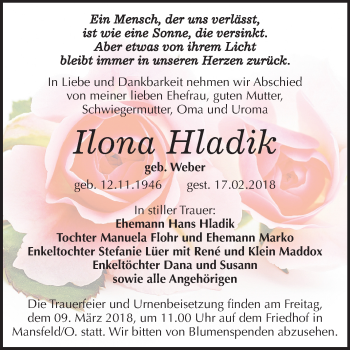 Traueranzeige von Ilona Hladik von Mitteldeutsche Zeitung