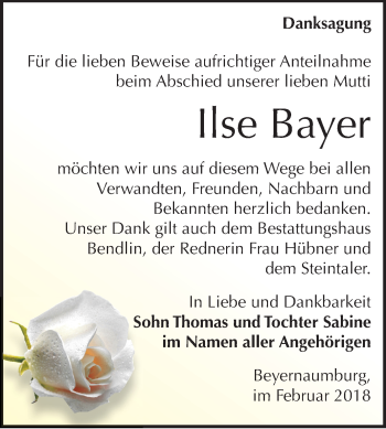 Traueranzeige von Ilse Bayer von Mitteldeutsche Zeitung Sangerhausen