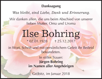 Traueranzeige von Ilse Bohring von Mitteldeutsche Zeitung Weißenfels