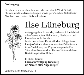 Traueranzeige von Ilse Lüneburg von WVG - Wochenspiegel Merseburg