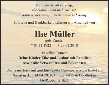 Traueranzeige von Ilse Müller von WVG - Wochenspiegel Bitterfeld