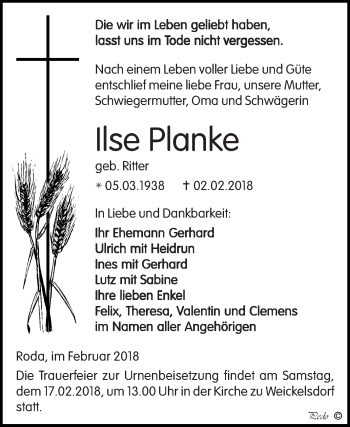 Traueranzeige von Ilse Planke von Super Sonntag Zeitz