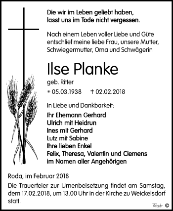 Traueranzeige von Ilse Planke von Mitteldeutsche Zeitung Zeitz
