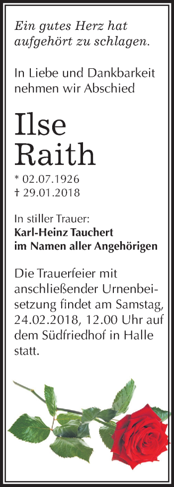 Traueranzeige von Ilse Raith von Mitteldeutsche Zeitung Halle/Saalkreis