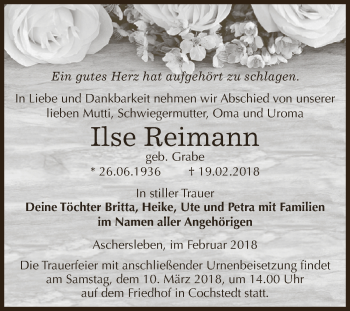 Traueranzeige von Ilse Reimann von Super Sonntag Aschersleben