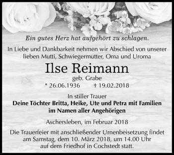 Traueranzeige von Ilse Reimann von Mitteldeutsche Zeitung Aschersleben