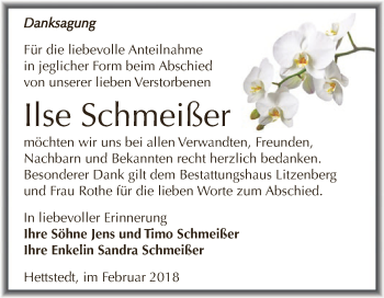 Traueranzeige von Ilse Schmeißer von Wochenspiegel Mansfelder Land
