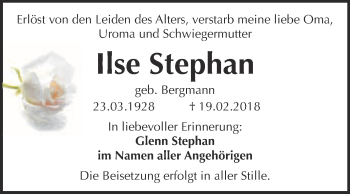 Traueranzeige von Ilse Stephan von Super Sonntag Wittenberg