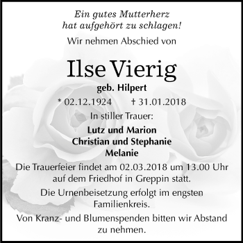 Traueranzeige von Ilse Vierig von Mitteldeutsche Zeitung Bitterfeld