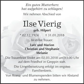 Traueranzeige von Ilse Vierig von WVG - Wochenspiegel Bitterfeld