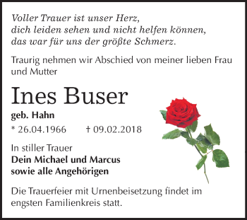 Traueranzeige von Ines Buser von Mitteldeutsche Zeitung Bitterfeld