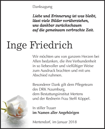 Traueranzeige von Inge Friedrich von WVG - Wochenspiegel NMB / WSF / ZTZ
