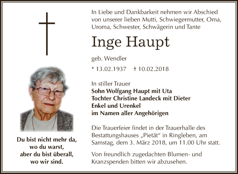  Traueranzeige für Inge Haupt vom 24.02.2018 aus Super Sonntag SGH Mansf. Land