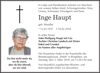 Traueranzeige von Inge Haupt von Mitteldeutsche Zeitung Weißenfels
