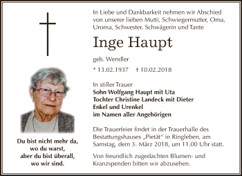 Traueranzeige von Inge Haupt von Super Sonntag SGH Mansf. Land
