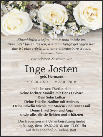 Traueranzeige von Inge Josten von WVG - Wochenspiegel Bitterfeld