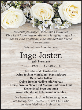 Traueranzeige von Inge Josten von Mitteldeutsche Zeitung Bitterfeld