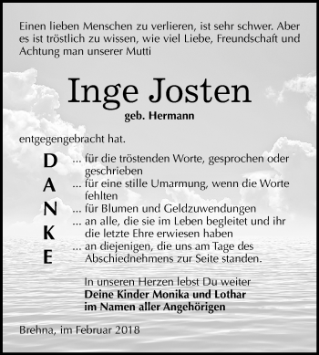 Traueranzeige von Inge Josten von Mitteldeutsche Zeitung Bitterfeld
