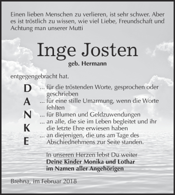 Traueranzeige von Inge Josten von WVG - Wochenspiegel Bitterfeld