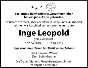 Traueranzeige von Inge Leopold von Mitteldeutsche Zeitung