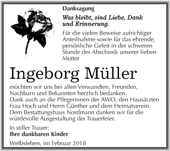 Traueranzeige von Ingeborg Müller von Super Sonntag SGH Mansf. Land