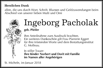 Traueranzeige von Ingeborg Pacholak von Mitteldeutsche Zeitung Merseburg/Querfurt