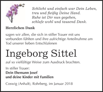 Traueranzeige von Ingeborg Sittel von Super Sonntag Wittenberg