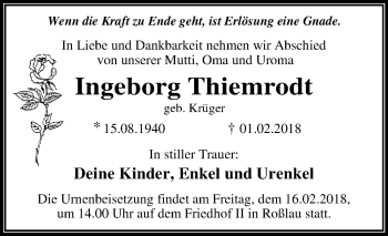 Traueranzeige von Ingeborg Thiemrodt von Mitteldeutsche Zeitung Dessau-Roßlau