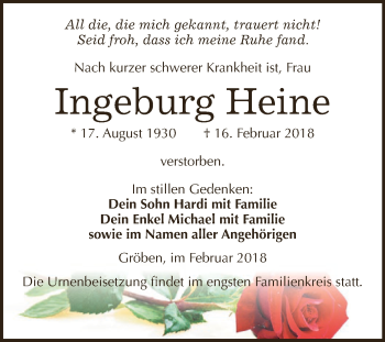 Traueranzeige von Ingeburg Heine von WVG - Wochenspiegel NMB / WSF / ZTZ