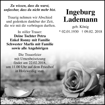 Traueranzeige von Ingeburg Lademann von Mitteldeutsche Zeitung Bitterfeld