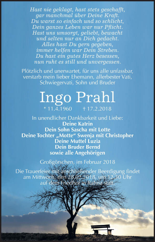  Traueranzeige für Ingo Prahl vom 21.02.2018 aus Mitteldeutsche Zeitung Weißenfels