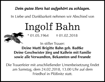 Traueranzeige von Ingolf Bahn von Mitteldeutsche Zeitung Halle/Saalkreis