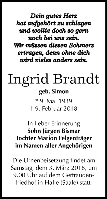 Traueranzeige von Ingrid Brandt von Mitteldeutsche Zeitung Halle/Saalkreis